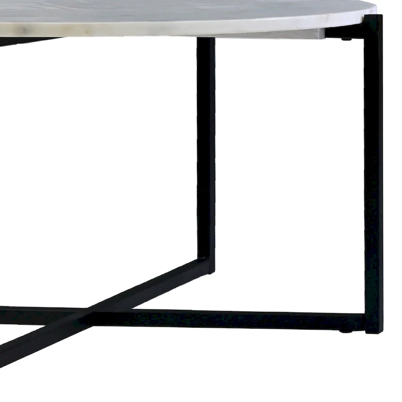 Ivy 30 Inch Marble Top Round Coffee Table with Metal Frame, White and Black