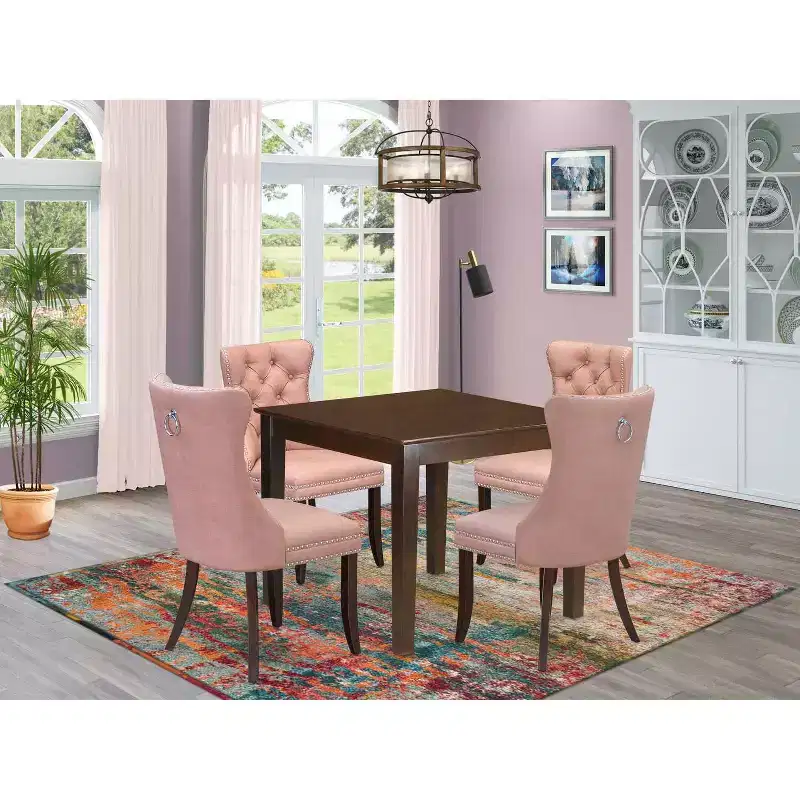 5-Piece Mahogany Finish Solid Wood Top - Square Upholstered Dining Room Set - Seats 4