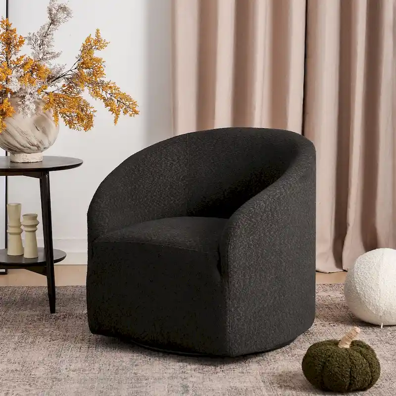 KINWELL 32W Boucle Upholstered Swivel Barrel Accent Armchair