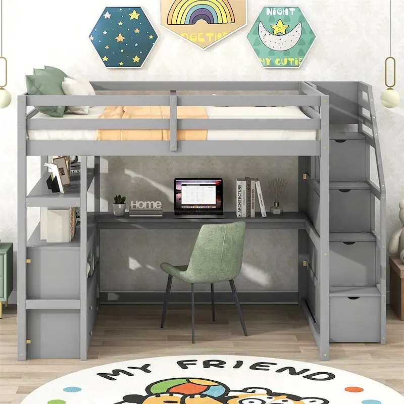 Merax Loft Bed with Desk and Shelves