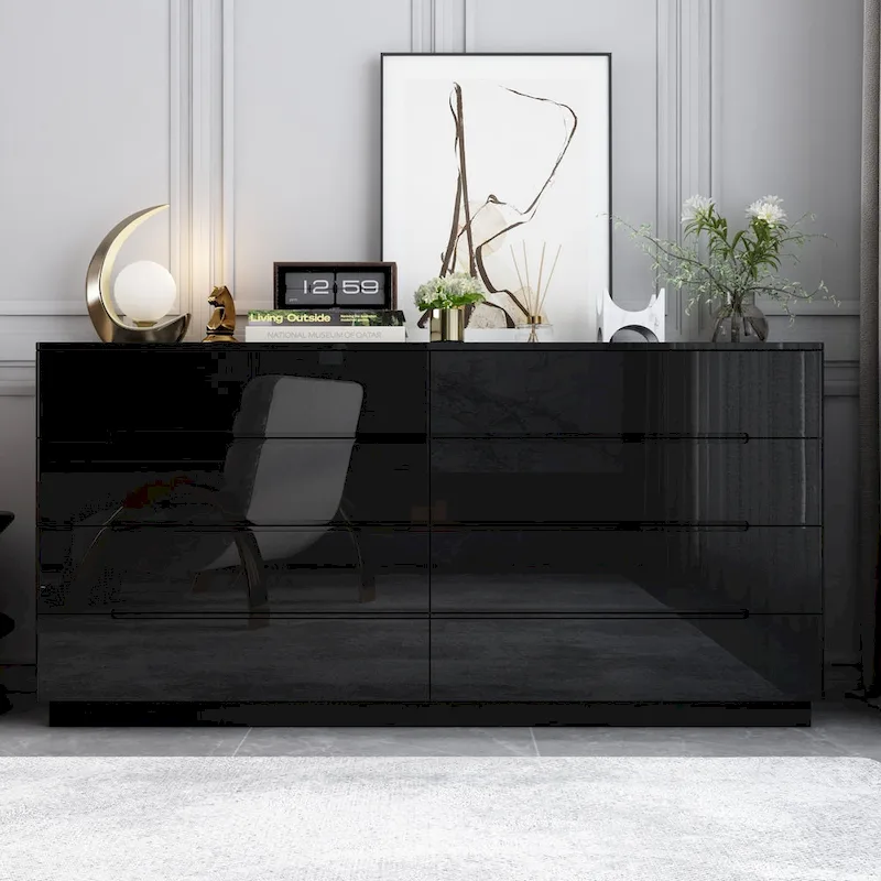 8 Drawer Double Dresser Dresser w/High Gloss Drawers Dual Chest Light