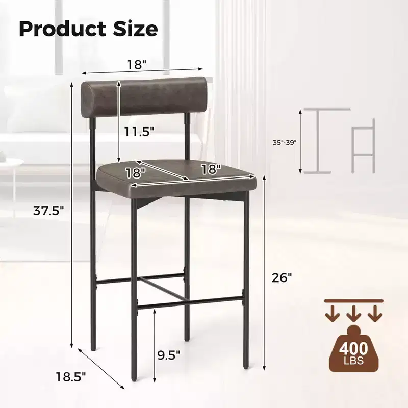 Costway 26 Upholstered Bar Stools Set of 4 with Padded Cushion & Backrest Footrest Brown/Gray