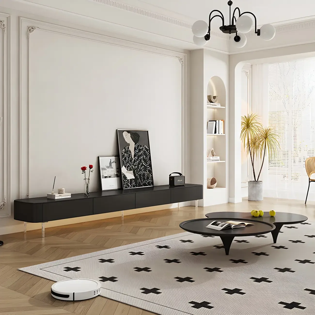 87 Modern Black Wooden Long TV Stand with Drawers