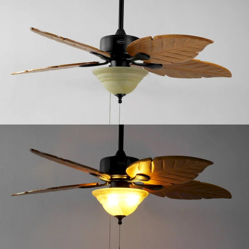 Owen 52  3-Light Coastal Bohemian Iron/Wood Palm Leaf LED Ceiling Fan with Pull Chain, by JONATHAN Y
