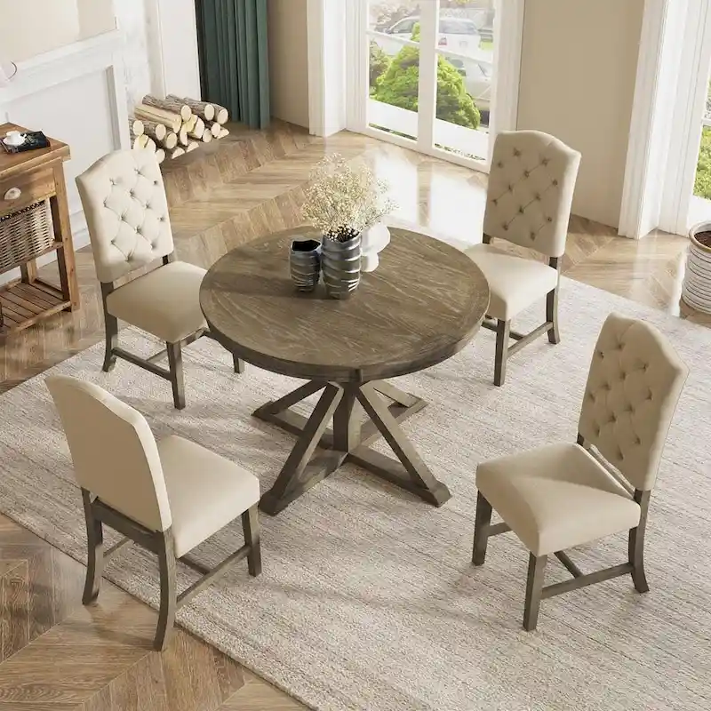 Wooden Round Drop Leaf Extendable Dining Table Set with 4 Upholstered Chairs