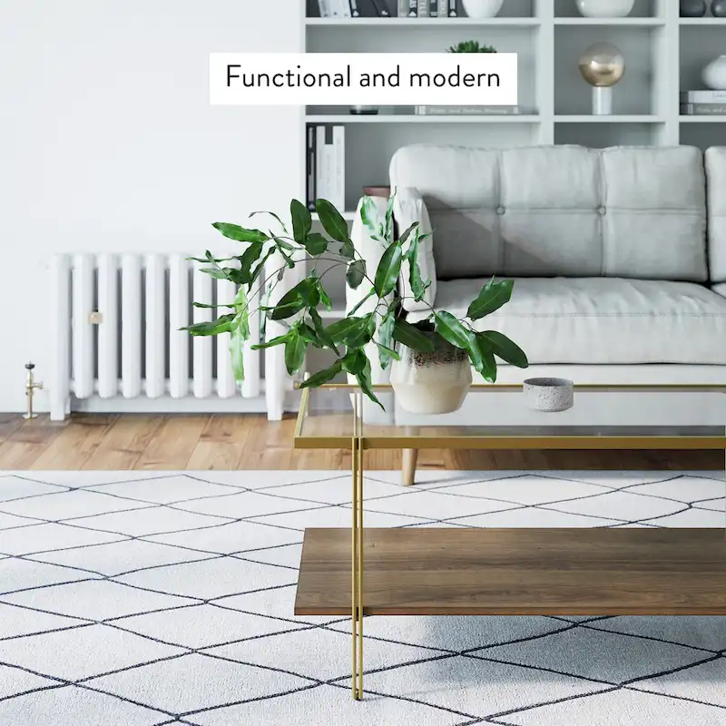 Mid-Century Coffee Table with Glass Top and Oak Shelf