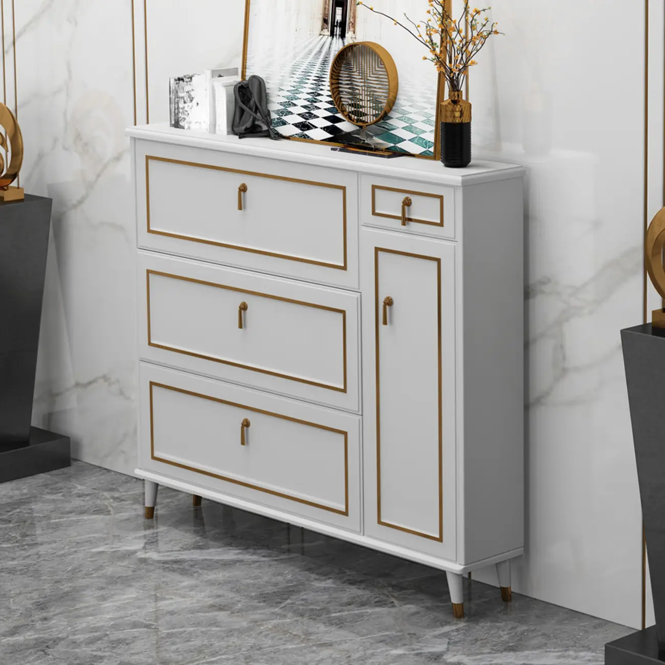 Grey Wooden Drop Front Shoe Cabinet with Adjustable Shelves