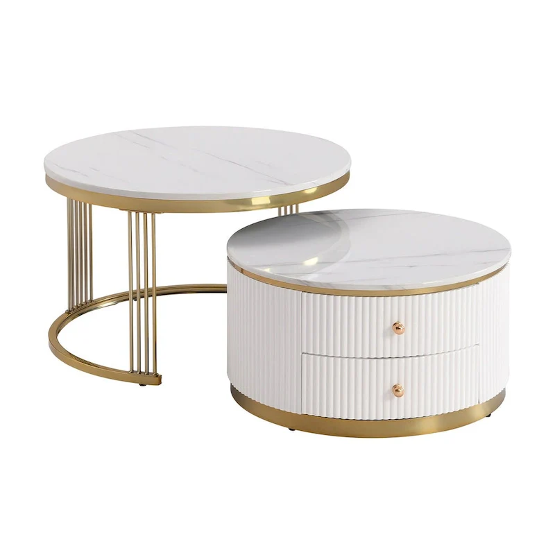 2 Pieces White Round Nesting Coffee Table with Drawers