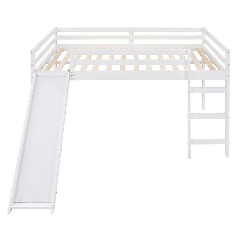 Kids Loft Bed with Slide, Full Size, Wood Low Loftbed Frame with Ladder and Underneath Spacious Space, for Boys Girls