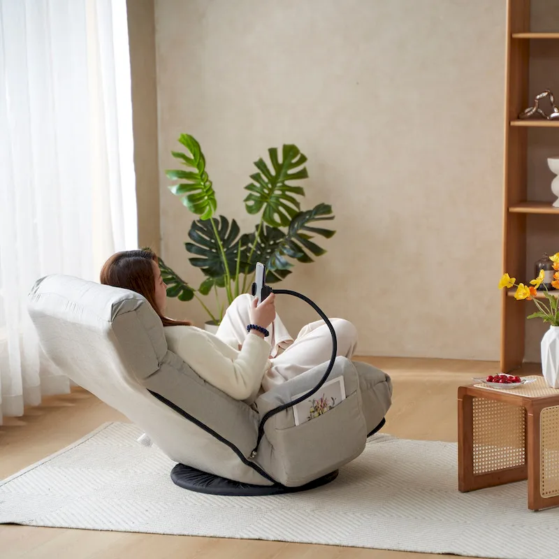 Gray Swivel Recliner with Phone Holder, Adjustable Headrest