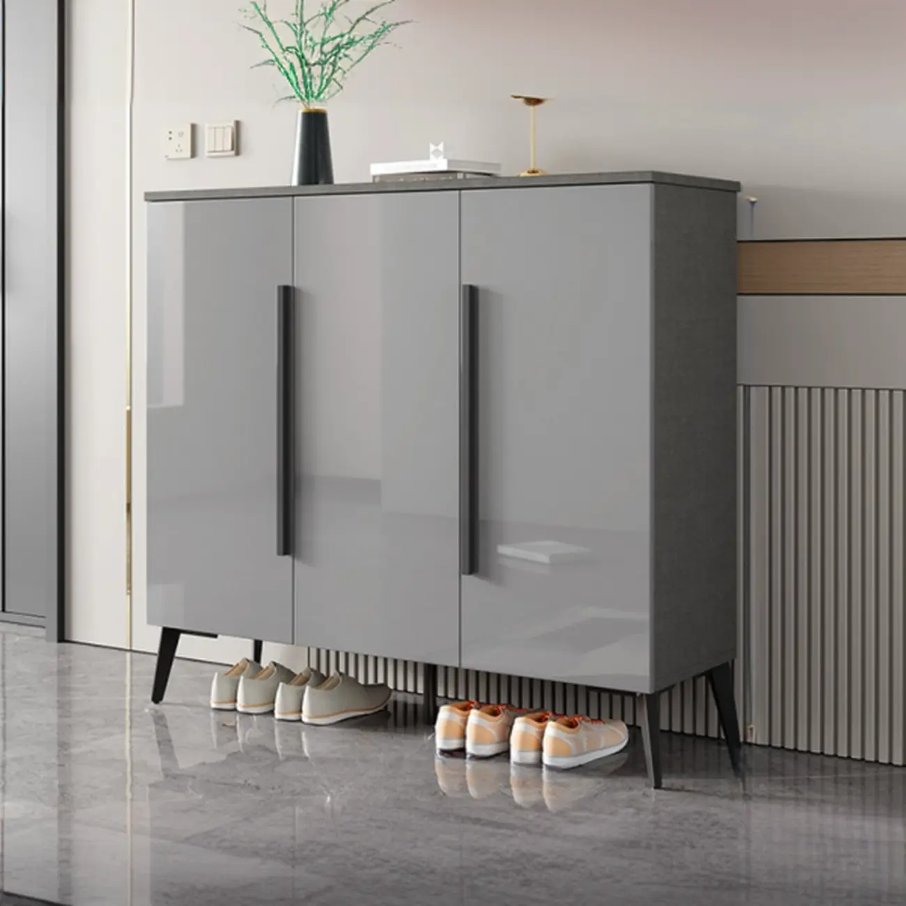 Trendy Gray-White Wooden Shoe Cabinet with Display Top