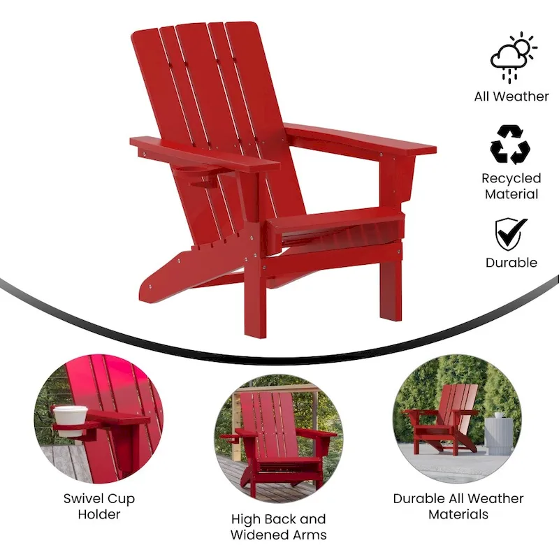 Set of 4 Commercial All-Weather Adirondack Chairs with Cupholders