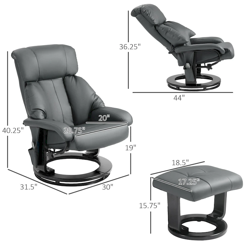 HOMCOM Massage Recliner Chair with Ottoman, 360 Swivel Recliner and Footstool, PU Leather Reclining Chair, Gray