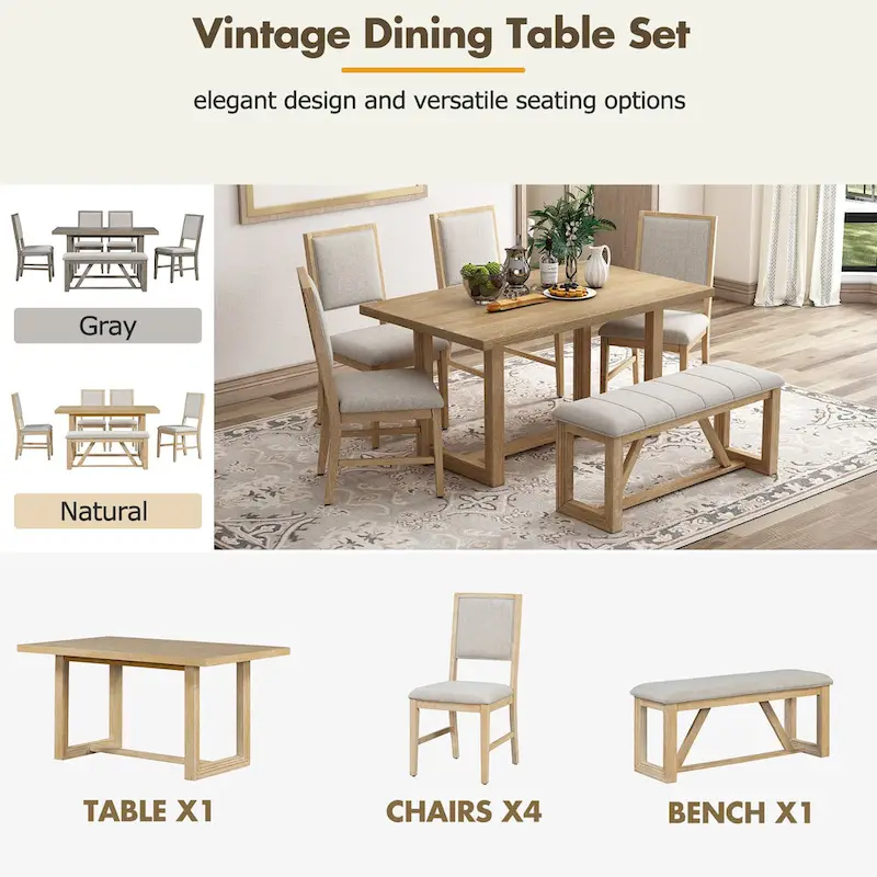 6 Piece Dining Table Chair Set, Wooden Kitchen Furniture Set with Acacia Wood Rectangular Table, 4 Chairs and 1 Bench