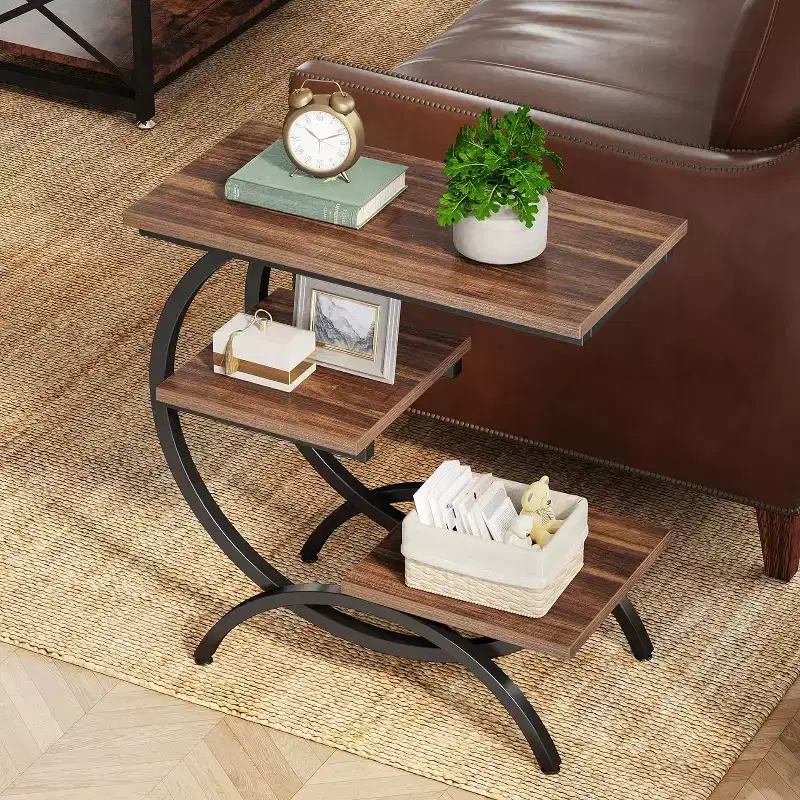 Industrial 3-Tier C-Shaped Side End Table – Brown / Light Brown / White