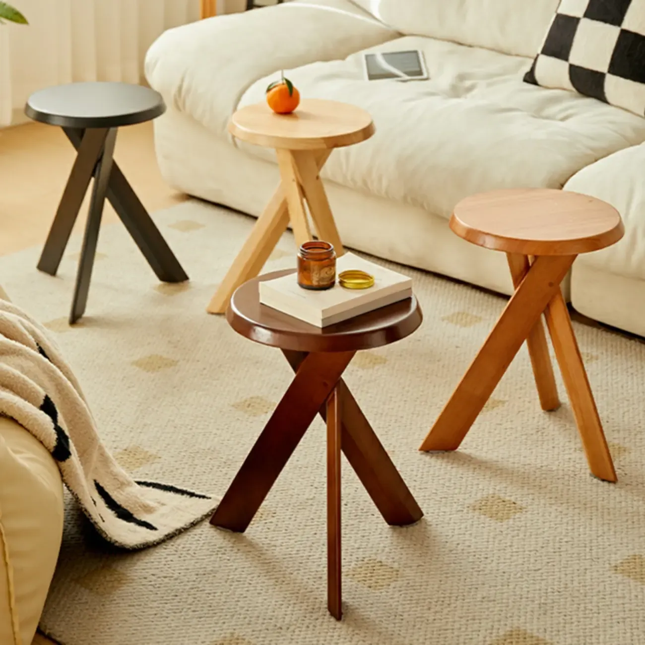 Modern Round Wood Side Table with Cross Legs