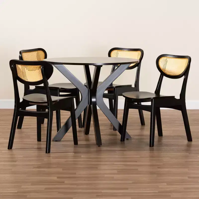 Baxton Studio Giuliana Mid-Century Wood and Woven Rattan 5-Piece Dining Set