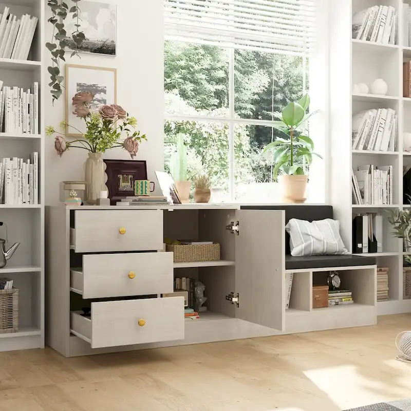 White Shoe Storage Bench with Cushioned Seat and Adjustable Shelves