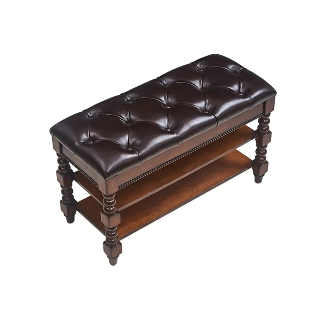 Antique Genuine Leather Flip-up Wood Bench with 2 Shelves