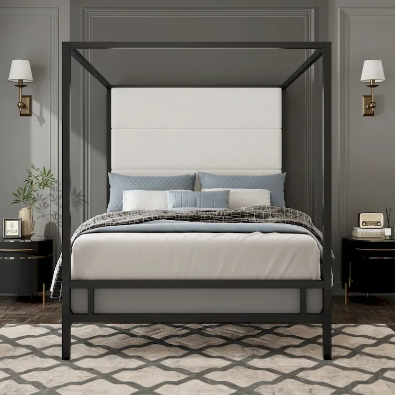 Sleek Modern Metal Canopy Bed with Tall Linen Upholstered Headboard