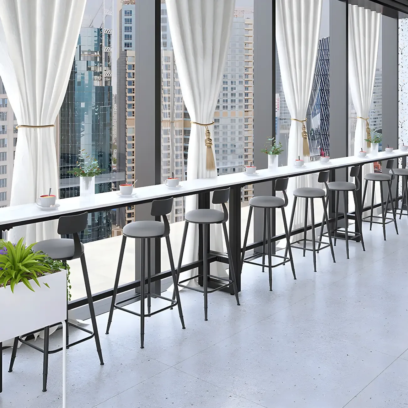 Rectangular White Marble Top Bar Tables with Iron Base
