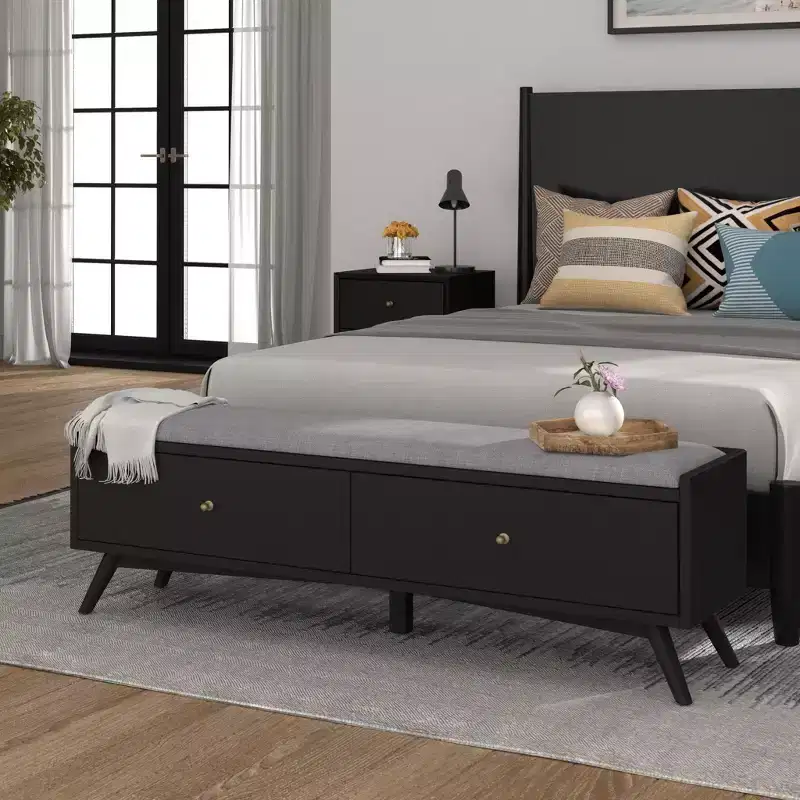 Black Upholstered Storage Bench, 2-Person