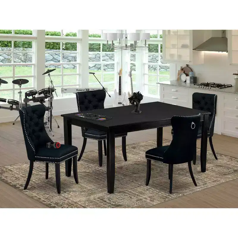 5-Piece Black Finish Solid Wood Top-Rectangular Dining Room Set-Seats 4