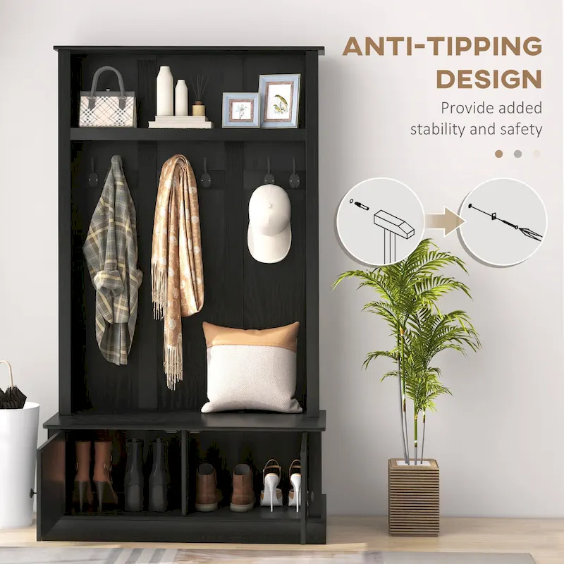 Freestanding Hall Tree, Entryway Bench with Coat Rack, Shoe Cabinet and Top Shelf