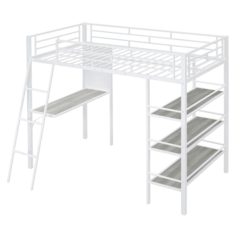 White Twin Loft Metal Bed with Shelves