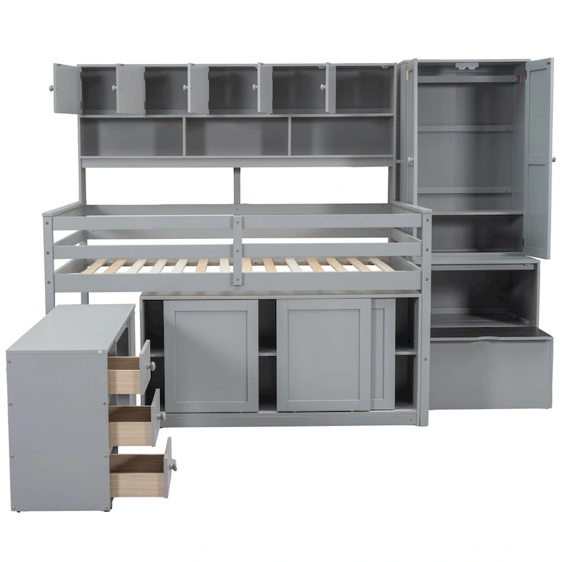 Full Size Wooden Loft Bed Big Storage with Under-Bed Desk, with Drawers, with Shelves, White