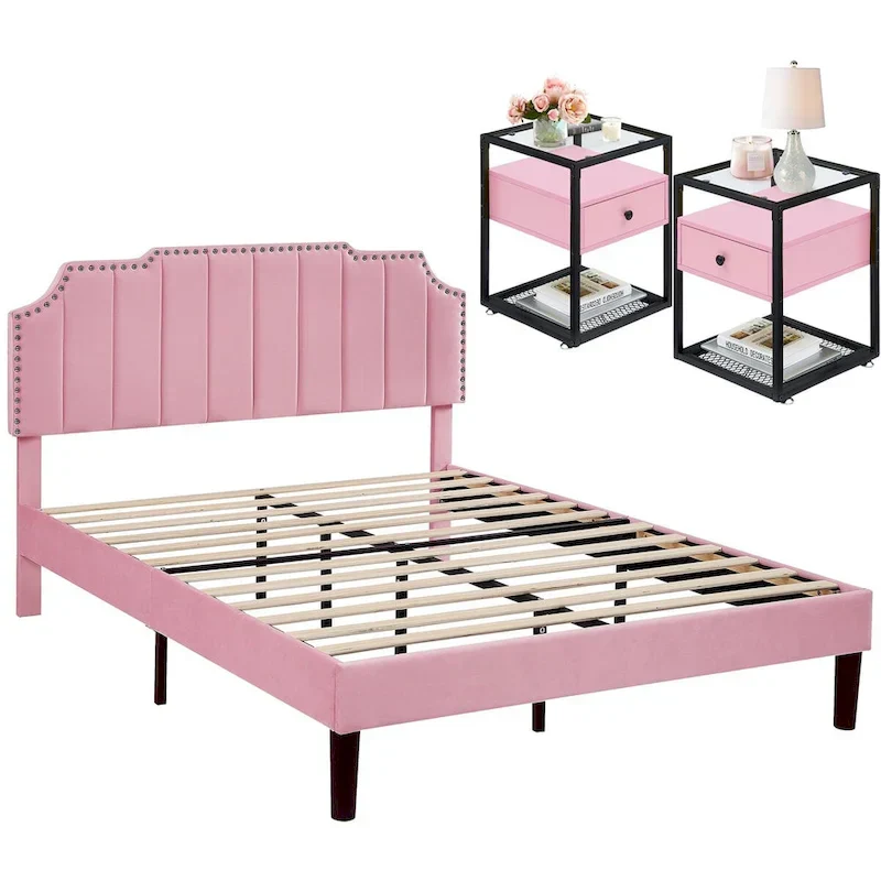 Bedroom Sets, 15 Style Options, 3-pieces Bedroom Set with Height Adjustable Upholstered Bed and Nightstands Set of 2-VECELO