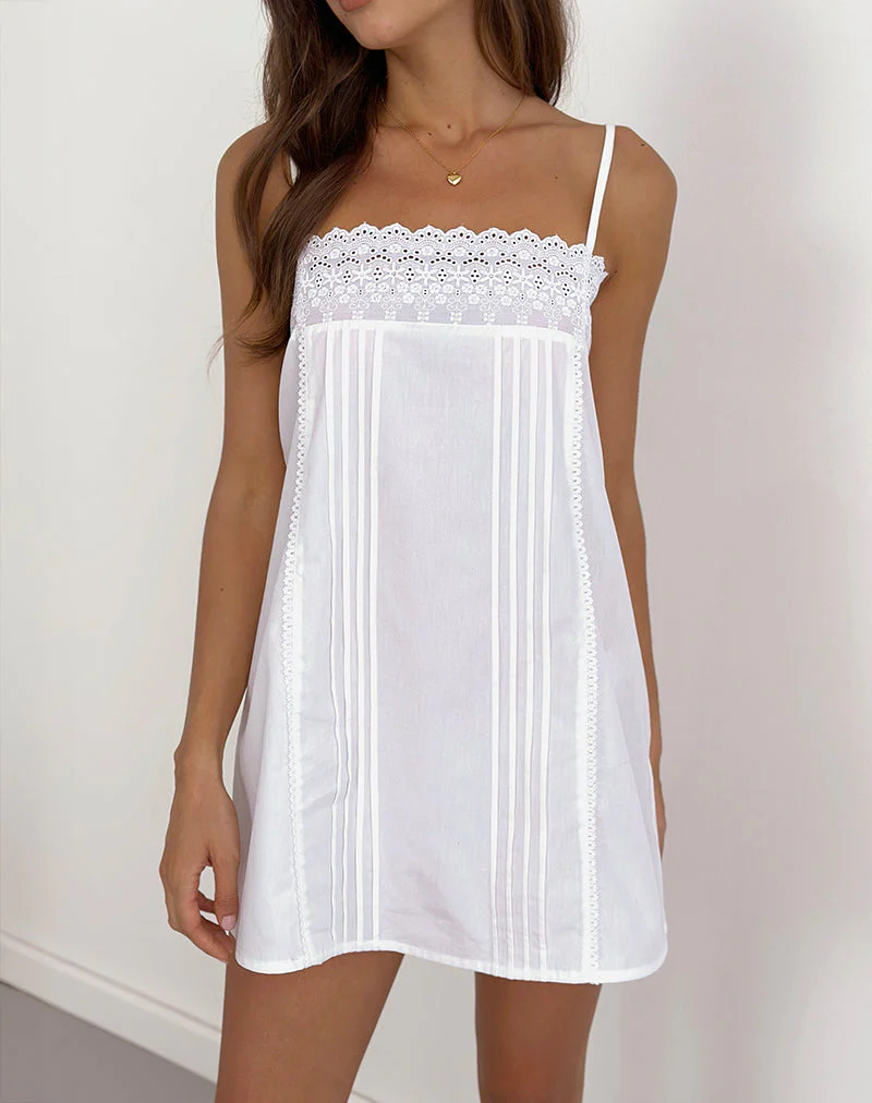 Yoshiko Broderie Trim Mini Dress in White