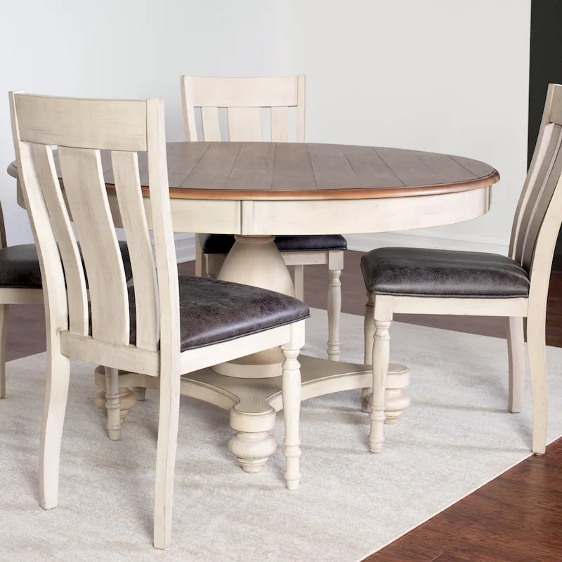 Weathered Oak Dining Set: Round Table and Four Dining Chairs
