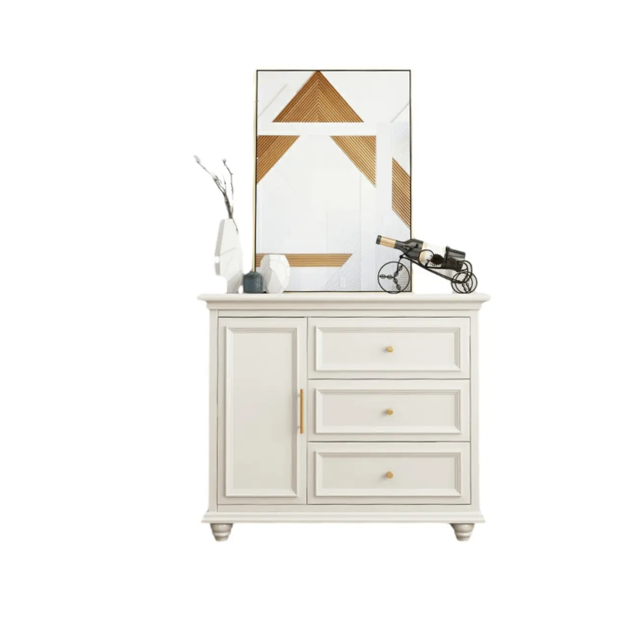 White Wooden Sideboard with 3 Drawers and Cabinets