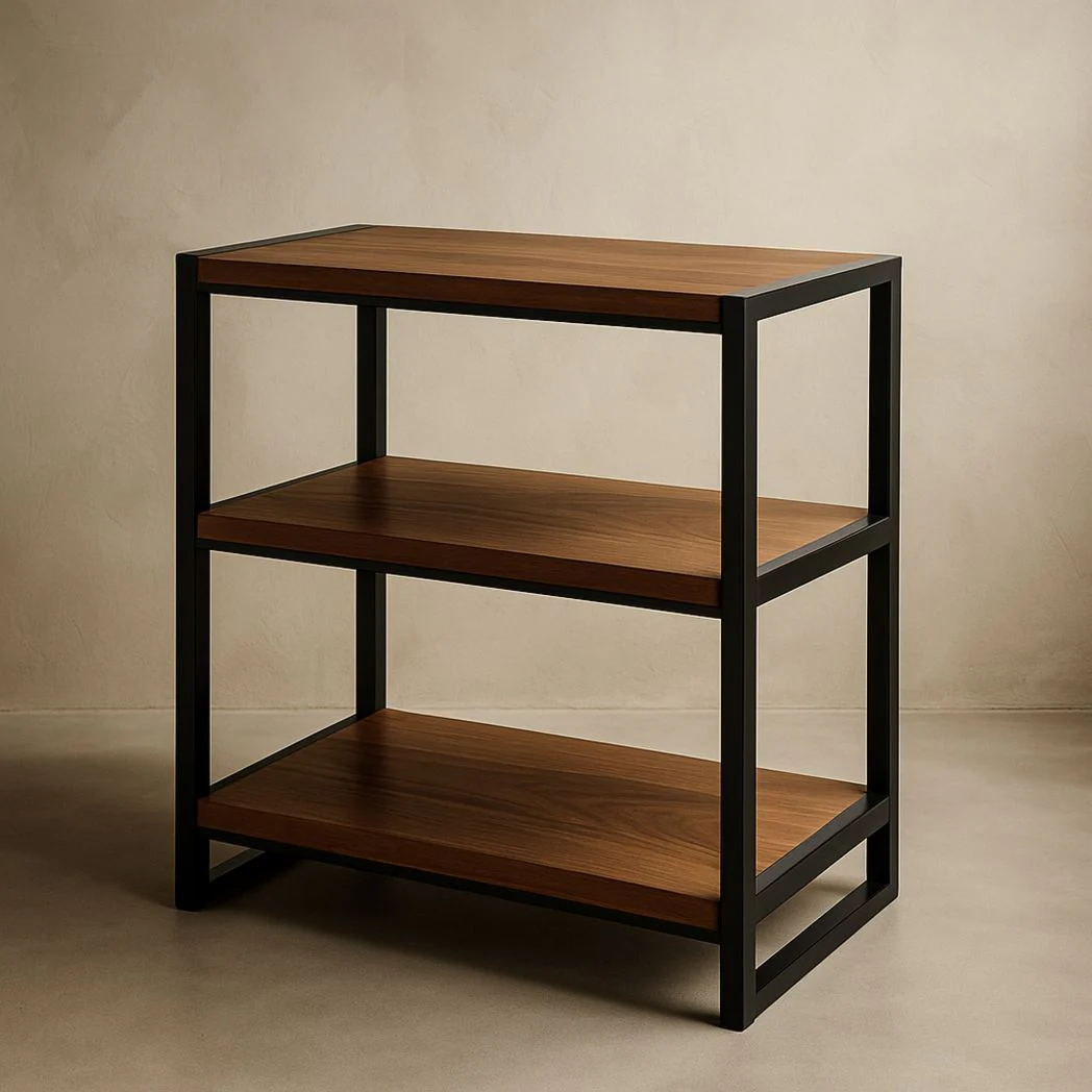 Étagère de rangement rectangulaire en métal noir et bois de noyer avec trois niveaux