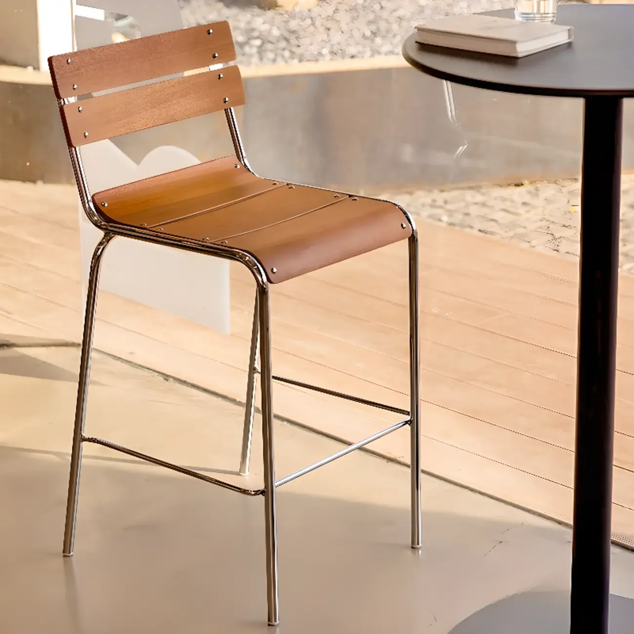 Industrial Brown Wood Rectangle Stackable Bar Stools with Back