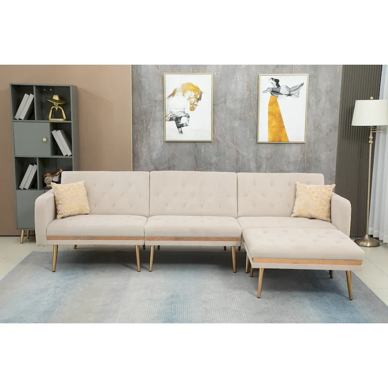 Polyester Upholstered Tufted Sleeper L-Shaped Sectional Sofa With Ottoman