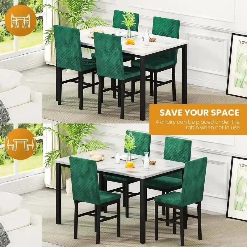 Grondin 5-Piece Dining Room Table Set with Faux Marble Table Top and Diamond Stitching Velvet Upholstery Dining Chairs