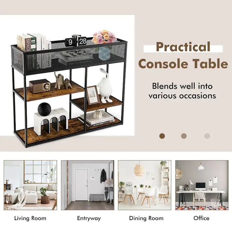 4-Tier Console Table w/ Wire Basket Narrow Sofa Table w/ shelf