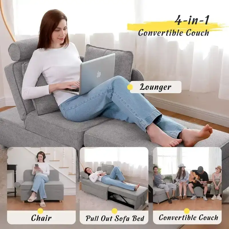 Hansabenne 4 in 1 Multi-Function Folding Sofa Folding Bed Single Futon Couch Guest Bed with 2 Throw Pillows