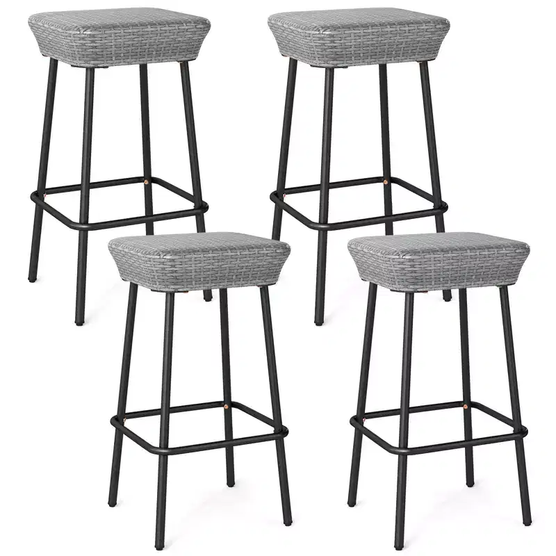 Costway 29.5 Metal Bar Height Stools Set of 4 w/ Rattan Seat & Footrest for Backyard