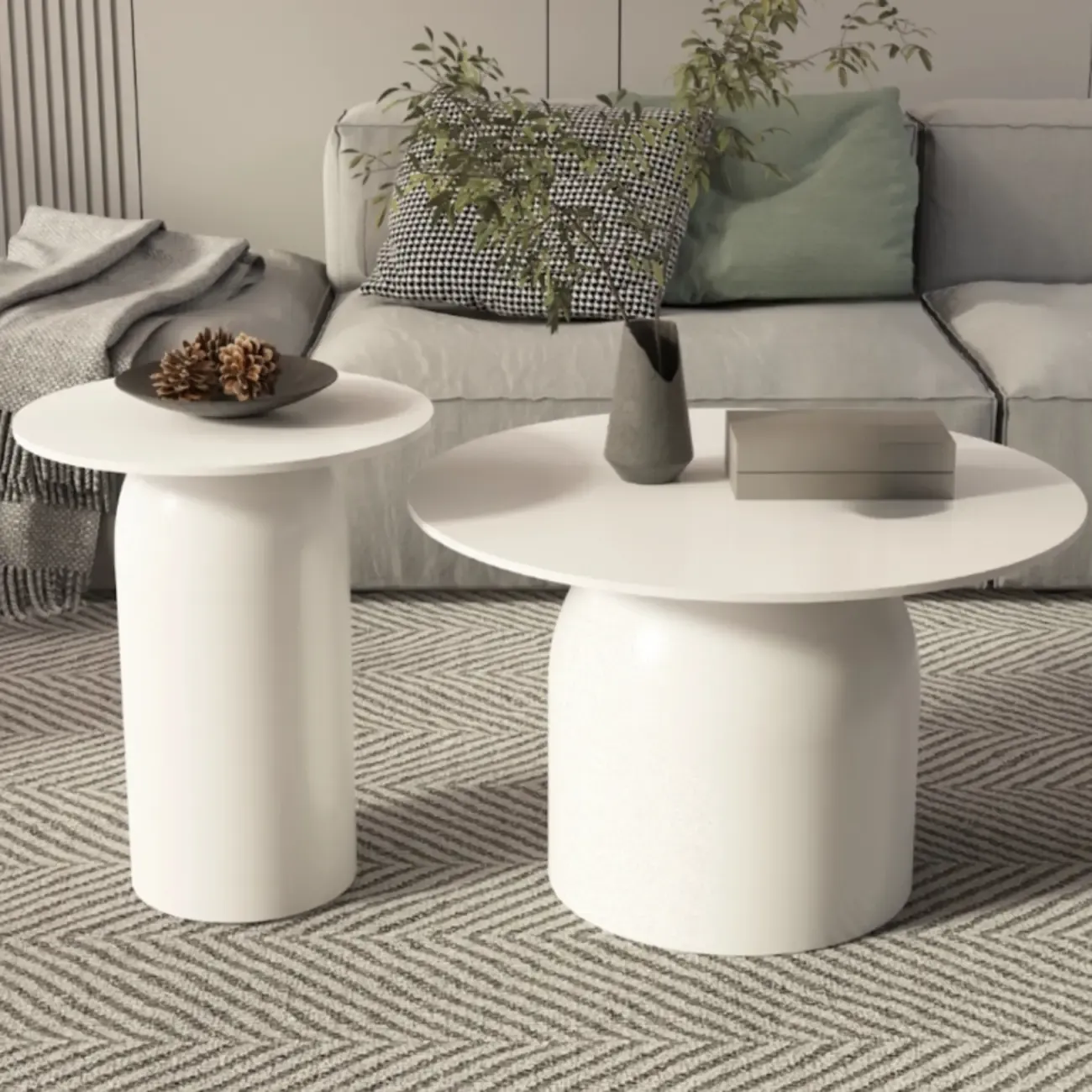 White Minimalist Round Coffee Table with Stone Top