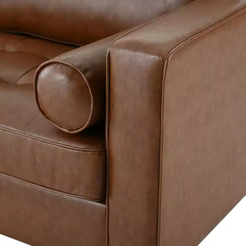 Whisen PU Leather 3-Seat Sofa, Mid-Century Modern Sofa Couch with Tufted Design, Solid Wood Legs, 2 Bolster Pillows