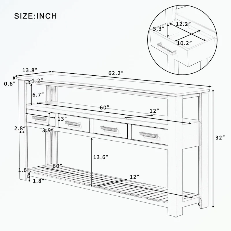 Console Table with 4 Drawers and 2 Shelves