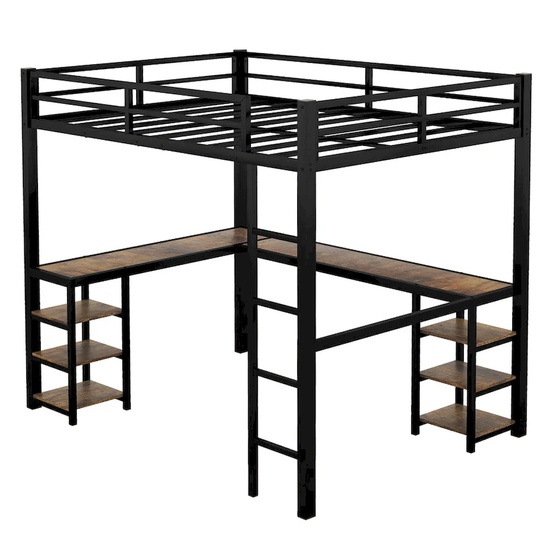 Twin XL Metal Loft Bed with Desk and Shelves
