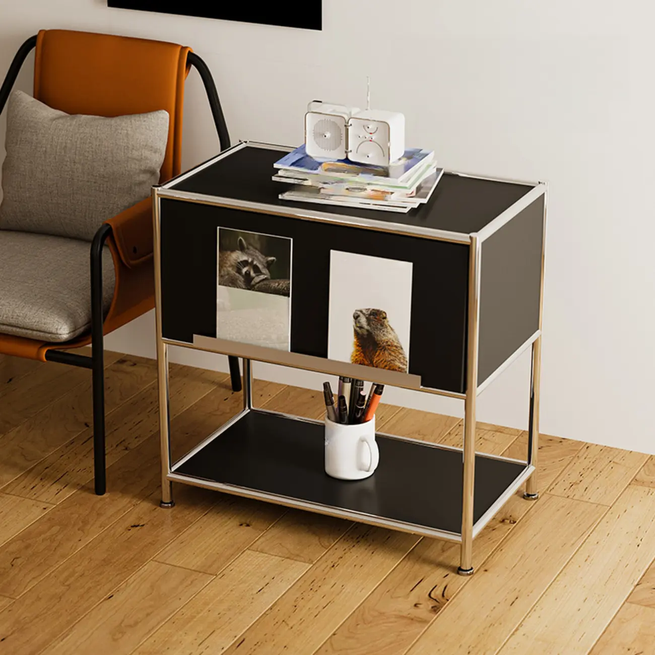 Modern Steel Nightstand with Drawer and Open Shelf