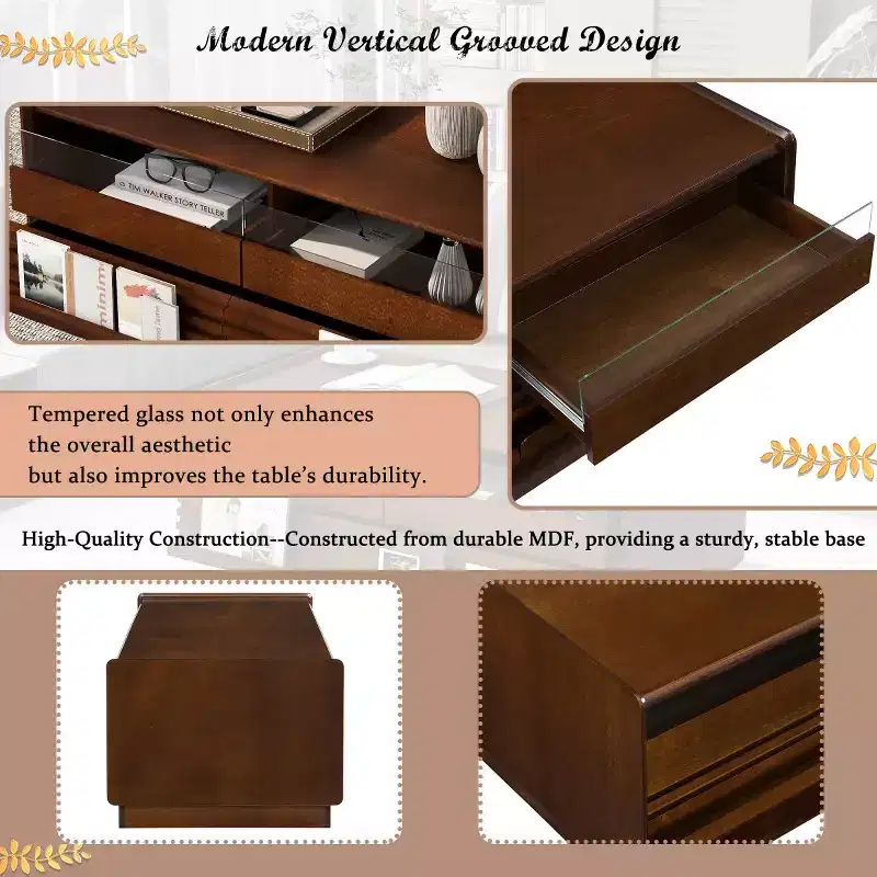 47.2 Modern Rectangle Coffee Table with 4 Drawers, 2 Display Shelves and Tempered Glass Top - Panipeachy