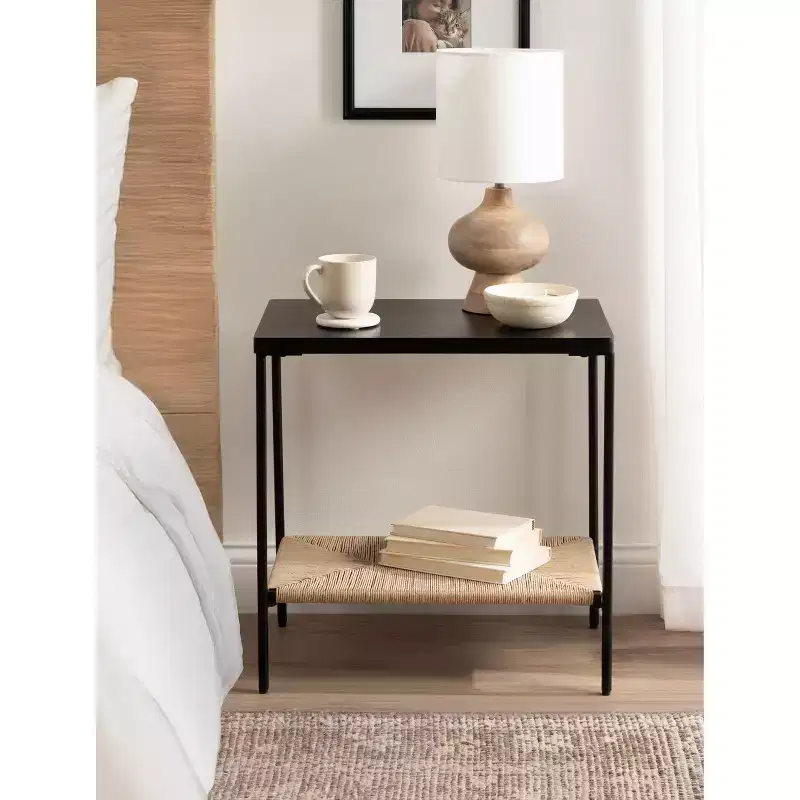 Kate and Laurel Mandell Wood and Natural Woven Side Table, 22x14x22, Natural and Black