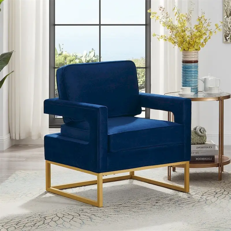 Modern Style Velvet Accent Chair with Gold Metal Base