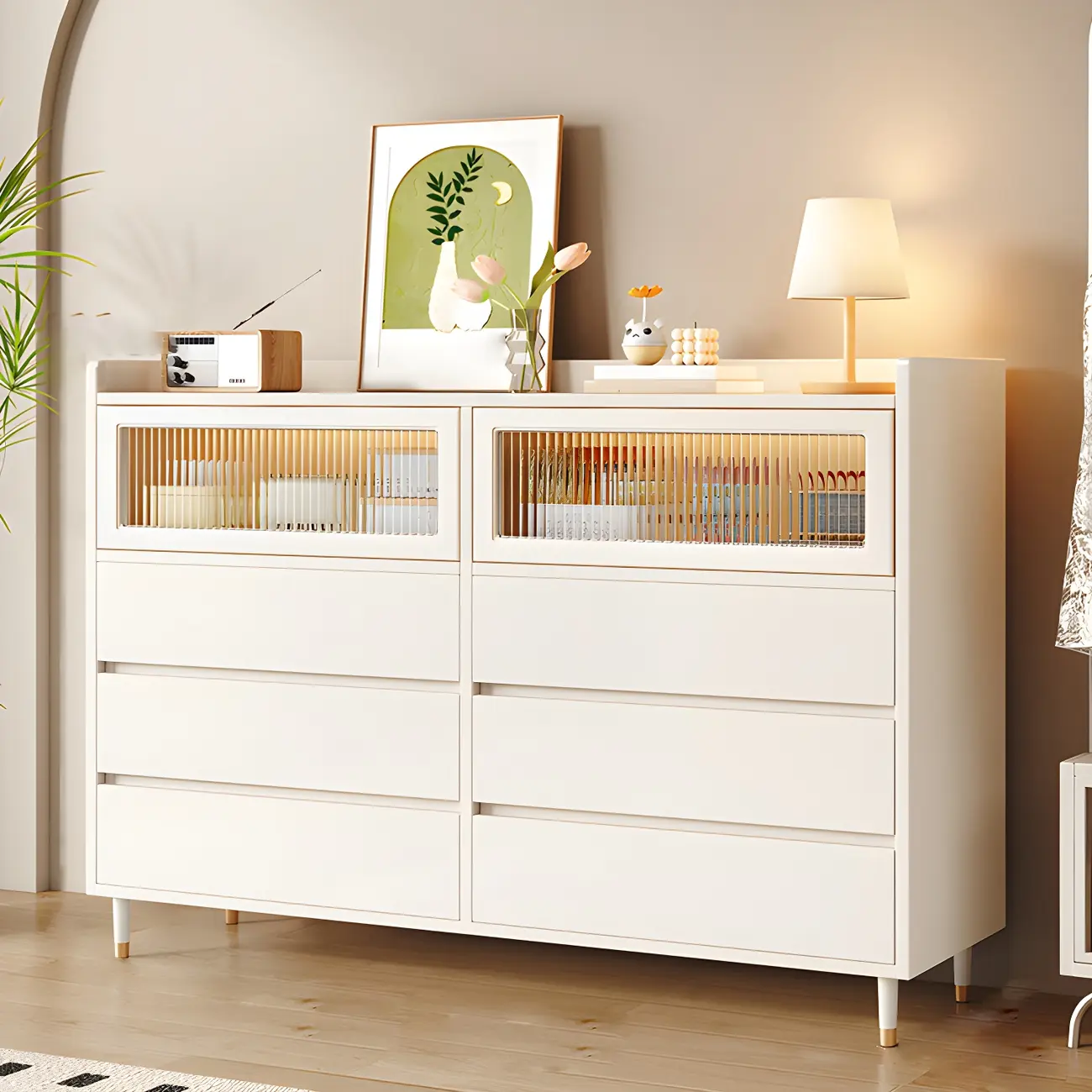 Elegant White Wooden Double Dresser with Cabinets & Drawers